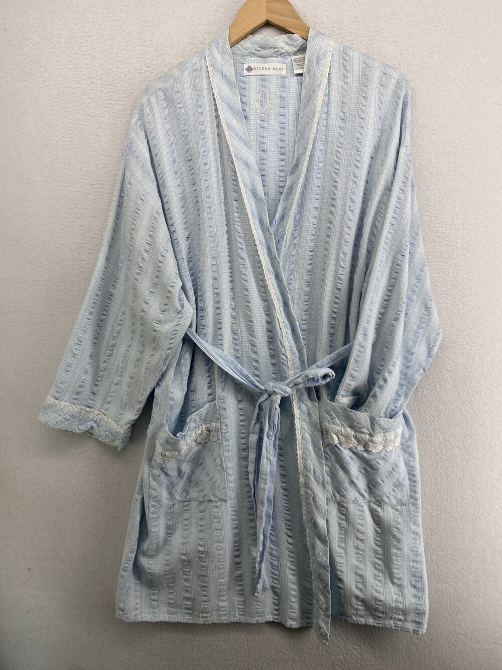 EILEEN WEST Robe XL Seersucker Check Wrap Tie Belted Loungewear Cotton Blue